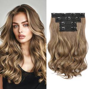lot 10028 image: HOOJIH Clip in Hair Extensions 4PCS 14 Short Curly Clip on Hair Extensions Invisible Lace Weft Natural Soft Hairpieces for Women - Light Brown with Blonde Highlights