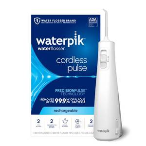 lot 10038 image: Waterpik Cordless Pulse Rechargeable Portable Water Flosser for Teeth, Gums, Braces Care and Travel with 2 Flossing Tips, Waterproof, ADA Accepted, WF-20 White, Packaging May Vary