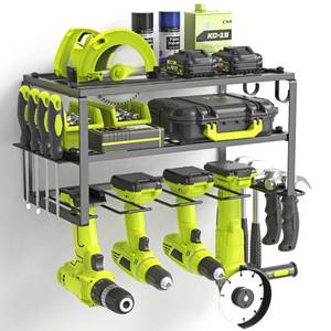 lot 10050 image: SUNALLY Power Tool Organizer, Heavy Duty Iron, 3 Layers Storage Rack with 4 Drill Holders, Floating Tool Shelf Wall Mounted, Matte Black, Work Shop, Garage, 150Lbs Load Capacity