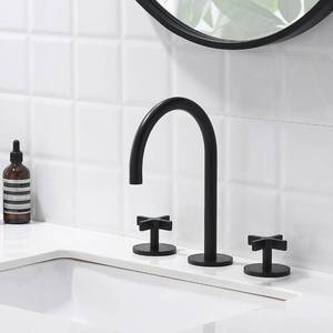 lot 10058 image: Matte Black Bathroom Faucet, Indare 8-inch Brass Widespread Faucet for Bathroom Sink 3 Holes with Pop-up Drain Assembly and Supply Lines Preassembled, 110101-PB - Retail $89.99