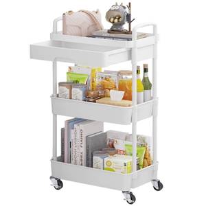 lot 10061 image: Calmootey 3-Tier Rolling Utility Cart with Drawer,Multifunctional Storage Organizer with Plastic Shelf & Metal Wheels,Storage Cart for Kitchen,Bathroom,Living Room,Office,White