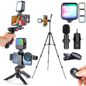 lot 10325 image: Vlogging Kit for iPhone,YouTube Starter Kit,Phone Holder for Video Recording Vlogging Camera Kit with Double TripodRGB LightWireless MicrophoneCPL ensRemote Control
