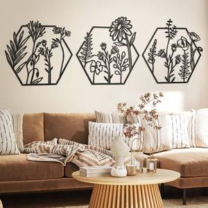 lot 10343 image: Peryiter 3 Pcs Metal Flower Wall Decor Minimalist Floral Wall Hanging Decor Meta Flower Art Floral Decor for Living Room Bathroom Kitchen Indoor Outdoor(Black)