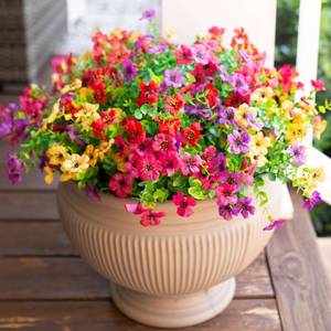 lot 10352 image: HyeFlora Artificial Flowers for Outdoor Indoor Garden Home Decoration, Faux Flower Daisy with Eucalyptus Leaves Fake Plants Greenery Boxwood Porch Patio, 12 Bundles (Mix Pink Red Purple Yellow)