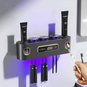 lot 10369 image: Toothbrush Holders for Bathrooms, Wekity Automatic Toothpaste Dispenser Space Saving Toothbrush and Toothpaste Holder - Toothbrush Holder Wall Mounted with 3 Cups (Grey)