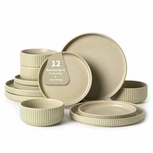 lot 10380 image: Dish Set for 4, 12 Piece Earthy Green Dinnerware Sets, Natural Matte Stoneware Plates and Bowls, Microwave & Dishwasher Safe, Cozy & Elegant for Everyday Dining & Entertaining