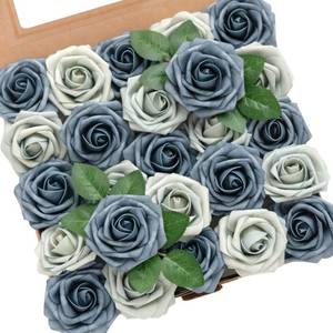 lot 10382 image: Lings Moment Artificial Flowers 25Pcs Dusty Blue & Navy Roses Decor wStems,3 Real Touch DIY Foam Floral for Wedding BouquetCenterpieces, Outdoors Party Backdrop, RoomTable, and GardenPot Decor