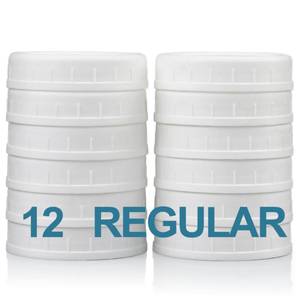 lot 10390 image: 12 Pack REGULAR MOUTH Mason Jar Lids for Ball, Kerr and More - Plastic Storage Caps for Mason Jars, Canning Jars - Leakproof, Dishwasher Safe & Food Grade - White