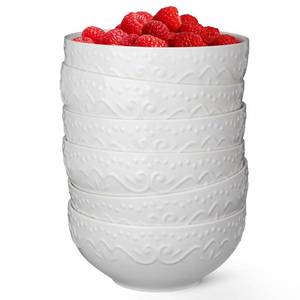 lot 10399 image: Artena Cereal Bowls 26 OZ, Ceramic Soup Bowls For Kitchen, White Embossment Bowl For Rice Pasta Salad, Breakfast Lunch Dinner, 6 Inch, Set Of 6, Dishwasher & Microwave Safe, Floral