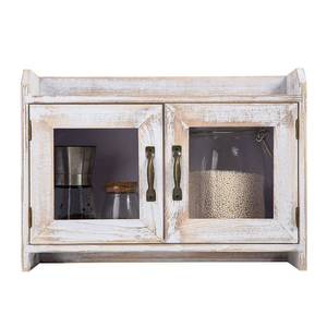 lot 10522 image: ExoLiry Rustic White Wood Counter Top Storage Cabinet Organizer Shelf Glass Window Doors Wooden Caddy Kitchen Bathroom Tabletop Vanity Chest Antique Farmhouse Style Mini Closet Box Rack Home