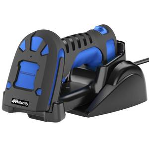 lot 10525 image: Alacrity Upgraded 2D Industrial Barcode Scanner with Wireless Charging Stand, 1968 Feet Transmission Distance 433Mhz Wireless & Bluetooth 2in1 Barcode Reader, Shock Dust Proof Hands Free, Blue