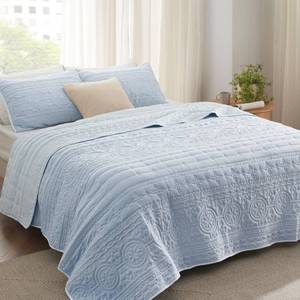 lot 10544 image: Bedsure Queen Quilt Bedding Set - Lightweight Summer Bed Set, Reversible Ash Blue Bedspread Coverlet Scrollwork for All Seasons - Includes 1 Quilt, 2 Pillow Shams