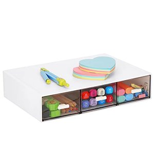 lot 10575 image: LETURE Stackable Desk Organizer, Plastic Storage Drawer for Office School Home Makeup, Pen Pencils Markers Stationery Supplies Organizers (White -3 Draws)