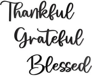 lot 10582 image: Vivegate Metal Wall Art Decor - 17.5 x 15.5 Thankful Grateful Blessed Signage, 3 Pieces, Black, Durable Sign for Home Decor