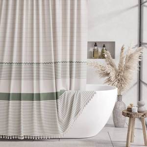 lot 10588 image: AmazerBath Boho Shower Curtains for Bathroom, Farmhouse Shower Curtain with Tassels, Faux Linen Shower Curtain Beige, Striped Shower Curtain with Hooks, Rustic Shower Curtain Green, 72x72 Inches
