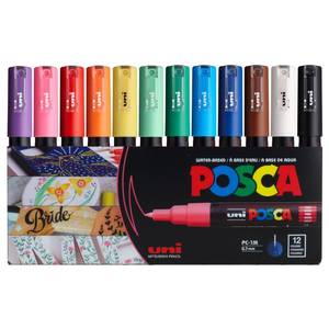 lot 10720 image: 12 Posca Paint Markers, 1M Markers with Extra Fine Tips, Posca Marker Set of Acrylic Paint Pens  for Art Supplies, Fabric Paint, Markers for Art