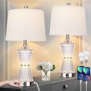 lot 10761 image: 26 Modern Table Lamps, Set of 2 Table Lamp Night Light with 2 USB Charging Ports & AC Outlet, Bedside Nightstand Lamp White Shade for Living Room Bedroom Home Decor Silver(LED Bulbs Included) - Retail $83.34