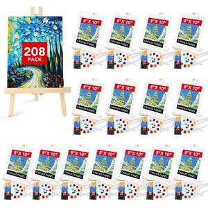 lot 10776 image: AROIC 208 Pack Easel and Canvas Sets with 16 Wood Easels,160 Brushes,16 Canvas and 16 Palette, Painting Set, Tabletop Easel, Art Easels, Painting Supplies for Kids & Adults to Painting Party
