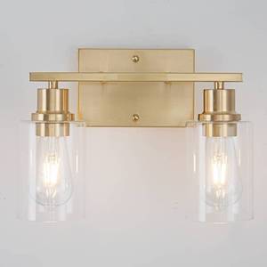 lot 10793 image: EMONG Gold Bathroom Light Fixtures, 2-Lights Brushed Brass Vanity Light with Clear Glass Shade, Modern Wall Sconces for Hallway, Farmhouse, Living Room