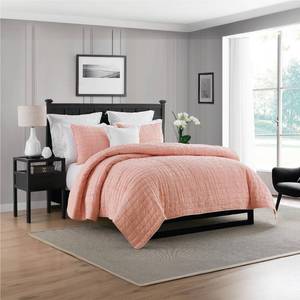 lot 10794 image: Swift Home Lightweight Oversized, Ultra-Soft, Enzyme Washed, Crinkle Texture, Breathable Cotton Blend Fill, 3-Piece CoverletBedspreadQuilt Set - Coral, FullQueen