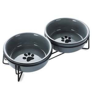 lot 10799 image: GDCZ Ceramics Raised Cat Small Dog Bowls with Heighten Metal Stand,15 Ounces (Grey)