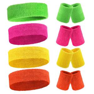 lot 76263 image: 80s 90s Neon Sweatbands Wrist Sweat Bands Workout Cotton Headbands Terry Cloth Absorbent Nonslip Stretchy Head Wrist Wicking Wristband for Men Women Party(Bright Color)