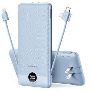 lot 76267 image: VEGER Portable Charger for iPhone Built in Cables and Wall Plug, 10000mah Slim Fast Charging USB C Power Bank, Travel Essential Battery Pack Compatible with iPhones, iPad, Samsung More Devices