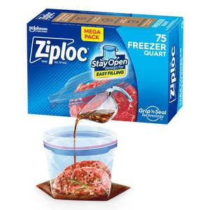 lot 76288 image: Ziploc Quart Food Storage Freezer Bags, New Stay Open Design with Stand-Up Bottom, Easy to Fill, 75 Count
