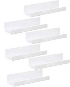 lot 77319 image: IEEK 6 PCS White Acrylic Floating Shelves Display Ledge,Wall Mounted Nursery Kids Bookshelf,15 Inch Bathroom Wall Shelf and Storage Rack,5mm Thick U Shelf