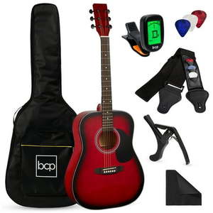 lot 49813 image: BOX OF SIX Best Choice Products 41in Full Size All-Wood Acoustic Guitar Starter Kit wGig Bag E-Tuner Pick Strap - Red Burst