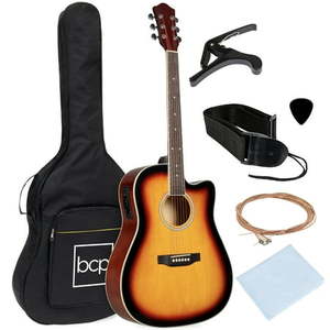 lot 49814 image: BOX OF SIX Best Choice Products Beginner Acoustic Electric Guitar Starter Set 41in w All Wood Cutaway Design Case - Sunburst