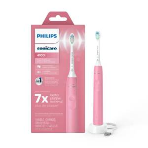 lot 34800 image: Philips Sonicare 4100 Rechargeable Electric Toothbrush, with Pressure Sensor, 2 Intensity Settings, SmarTimer and QuadPacer, 14-Day Battery Life, Deep Pink, Model HX368126