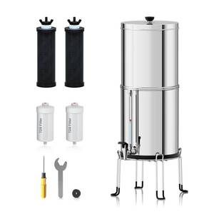 lot 34806 image: Purewell 1.5 Gallon Stainless Steel Countertop 8-Stage Water Filter System with Metal Water Level Spigot and Stand, Reduce TDS and Chlorine � Perfect for Kitchen Use, Camping, and Adventure - Retail $161.57
