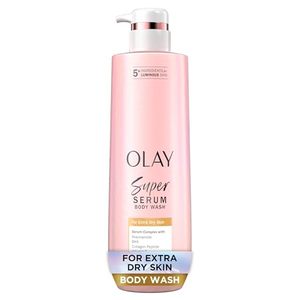 lot 34814 image: Olay Super Serum Body Wash for Extra Dry Skin, 24hr Long Lasting Hydration, 5 Ingredient Serum Complex for Bright Even Firm Luminous Skin, 18.5 fl oz