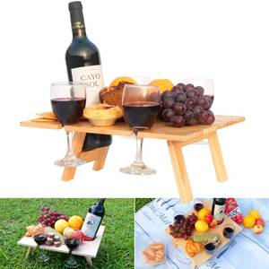lot 34852 image: Outdoor Wine Picnic Table,Folding Portable Bamboo Tray with 4 Wine Glass Holder for Cheese and Fruit, Ideal for Camping, Beach, Wine Gifts for Women