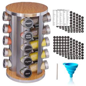 lot 34879 image: Revolving Spice Rack Set with 20 Spice Jars, Kitchen Spice Tower Organizer for Countertop or Cabinet -- Carousel Storage Includes 386 Spice Labels -- Desktop Rotating Seasoning Organizer