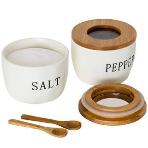 lot 34899 image: Howise 2 Pack Salt and Pepper Bowls Set, Ceramic Salt and Pepper Containers with Visible Airtight Bamboo Lid and Spoon, White Salt Pepper Holder Shakers Set, Salt Cellar Box Dish with Lid (White) - only one lid