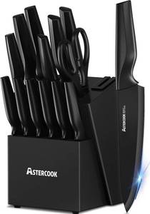 lot 34919 image: Astercook Knife Set, Kitchen Knife Set with Built-in Sharpener Block, Dishwasher Safe, 15 Pieces German Stainless Steel Knife Block Set, Black