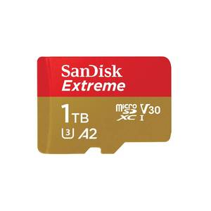lot 34921 image: SanDisk 1TB Extreme microSDXC UHS-I Memory Card with Adapter - Up to 190MBs, C10, U3, V30, 4K, 5K, A2, Micro SD Card- SDSQXAV-1T00-GN6MA, GoldRed - Retail $89.34