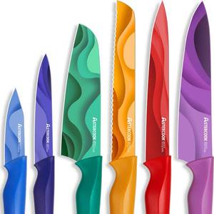 lot 34928 image: Astercook Fantasy Space Pattern Knife Set with Cover, Dishwasher Safe Colorful Knives with 6 Knife Sheath, German Stainless Steel Rainbow Knife Set