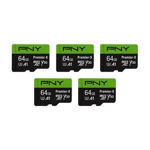 lot 34965 image: PNY 64GB Premier-X Class 10 U3 V30 microSDXC Flash Memory Card 5-Pack - 100MBs, Class 10, U3, V30, A1, 4K UHD, Full HD, UHS-I, Micro SD