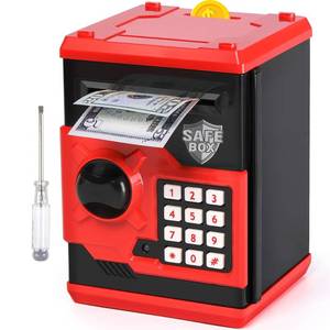 lot 34984 image: ATM Piggy Bank for Boys Girls, Vcertcpl Mini ATM Coin Bank Money Saving Box with Password, Kids Safe Money Jar for Adults with Auto Grab Bill Slot, Great Gift Toy Bank for Kids (RedBlack)