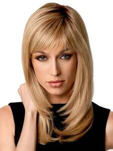 lot 34991 image: Auflaund Natural Ombre Blonde Straight Wigs Long Bob Straight Blonde Hair Wig with Side Bangs for Women  Wig Cap 21 Inch