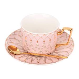 lot 34993 image: Philo Fun Bone China Elegant Tea Cup Saucer Set with Spoon, 7.5 oz Pink Matte Glazed Coffee Cup Set, Palace Geometric Line, Birthday Holiday Gift Exchange