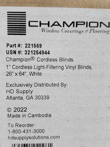 lot 14629 image: (3) Champion 1in Cordless Vinyl Blinds - White 26x64