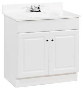 lot 6603 image: RSI HOME PRODUCTS RICHMOND BATHROOM VANITY CABINET WITH TOP FULLY ASSEMBLED 2 DOOR WHITE 30X31X1 - Retail $380.99