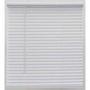 lot 14848 image: (4) Pre-Cut 57 in. W x 64 in. L White Cordless Light Filtering Vinyl Mini Blind with 1 in. Slats