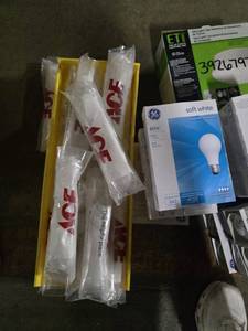 lot 24969 image: GE 60W Soft White Light Bulbs 840 Lumens and ET Spin Light with Motion Sensor Lot