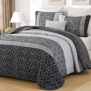 lot 4760 image: Cottolester Boho Quilt Set California King Size 3 Pieces,Grey Striped Plaid Bedspread,Soft Microfiber Bedding Set with 2 Pillow Shams 112x96
