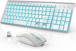 lot 4768 image: J JOYACCESS Wireless Keyboard and Mouse Combo with 7 Backlit Options,Quiet Light Up Keys,Type-C Rechargeable,Sleep Mode-2.4G Slient Portable Cordless Combo for LaptopPCComputerMac(WhiteSliver)